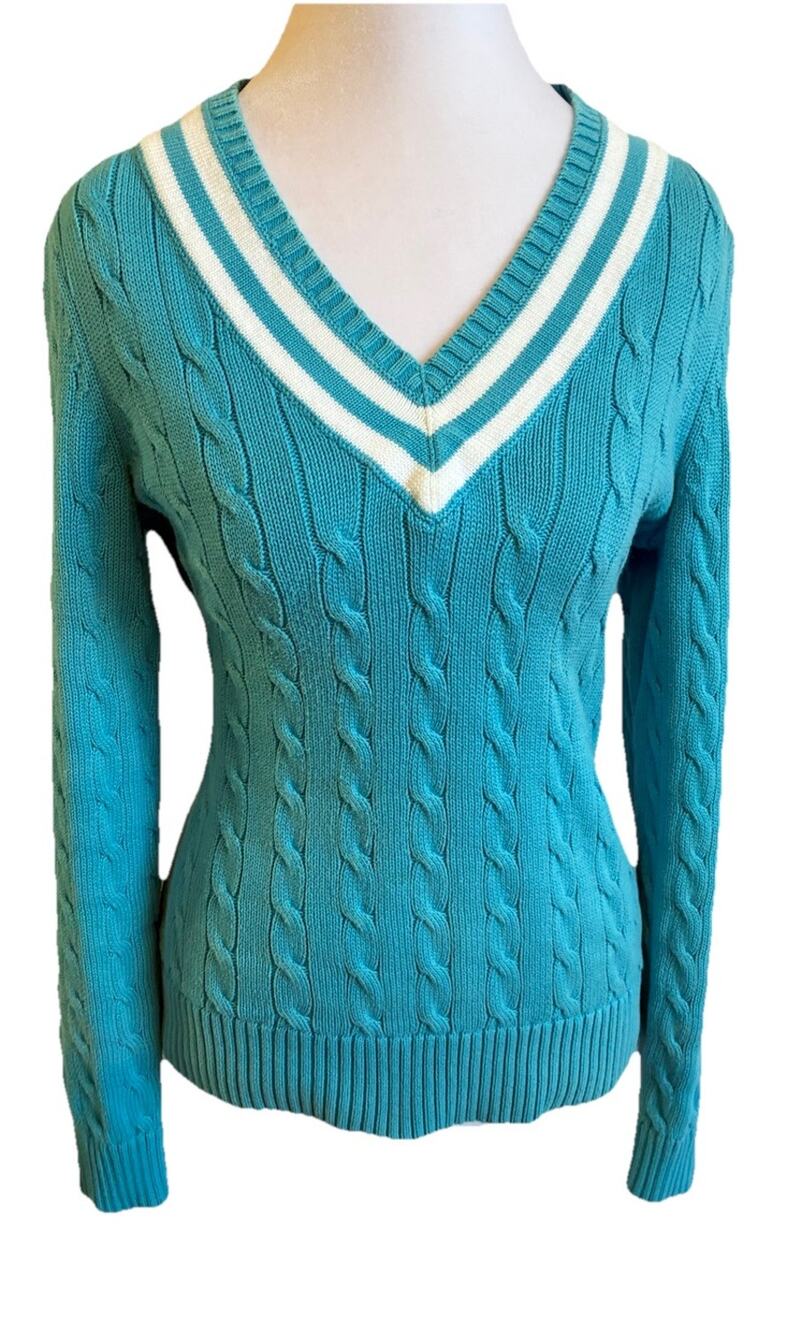 VTG 90s Ralph Lauren Cable Knit Tennis Sweater Cricket Turquoise RARE! Preppy M
